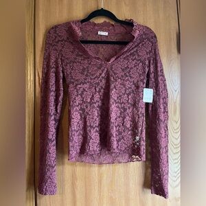 Free People Elegant Lace Long Sleeve Top in burgundy